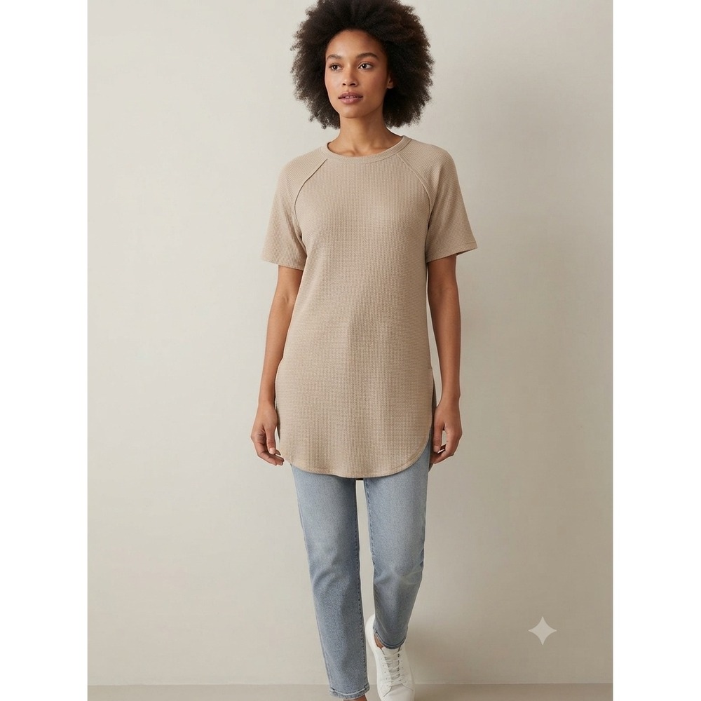 Zenana Waffle Knit Tunic Top Beige Tan Short Sleeve Raglan Curved Hem JT7518D4 M